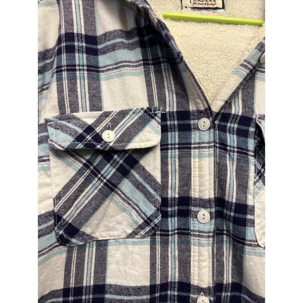 Boston Traders Hooded Shacket Blue White Plaid Flannel Women's Fleece Lined - Picture 2 of 7